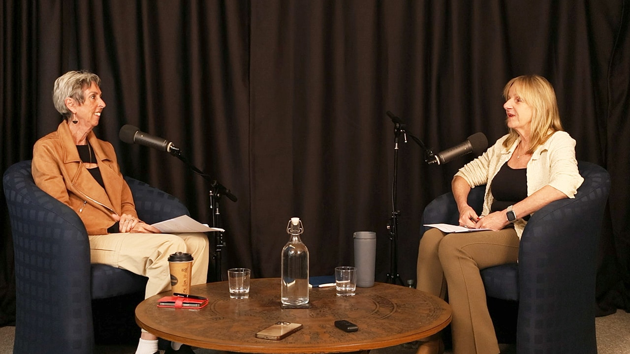 Kay and Crystal recording a two-person interview
