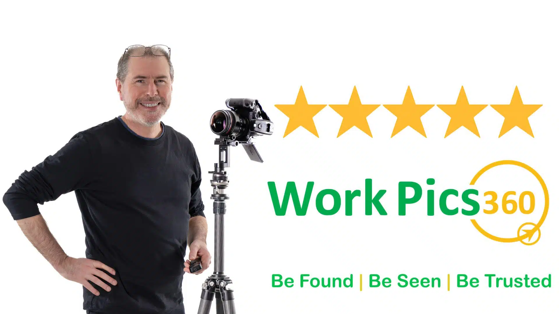 Marc with brand and 5 Stars 16-9 Photo of Marc Charette with Work Pics 360 Logo and 5 starts