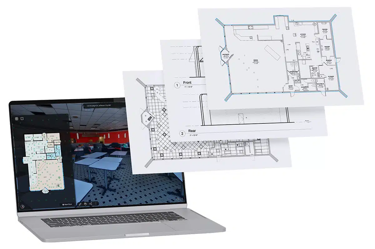 Preview of the sample commercial floor plan package: dimensioned plan with room areas